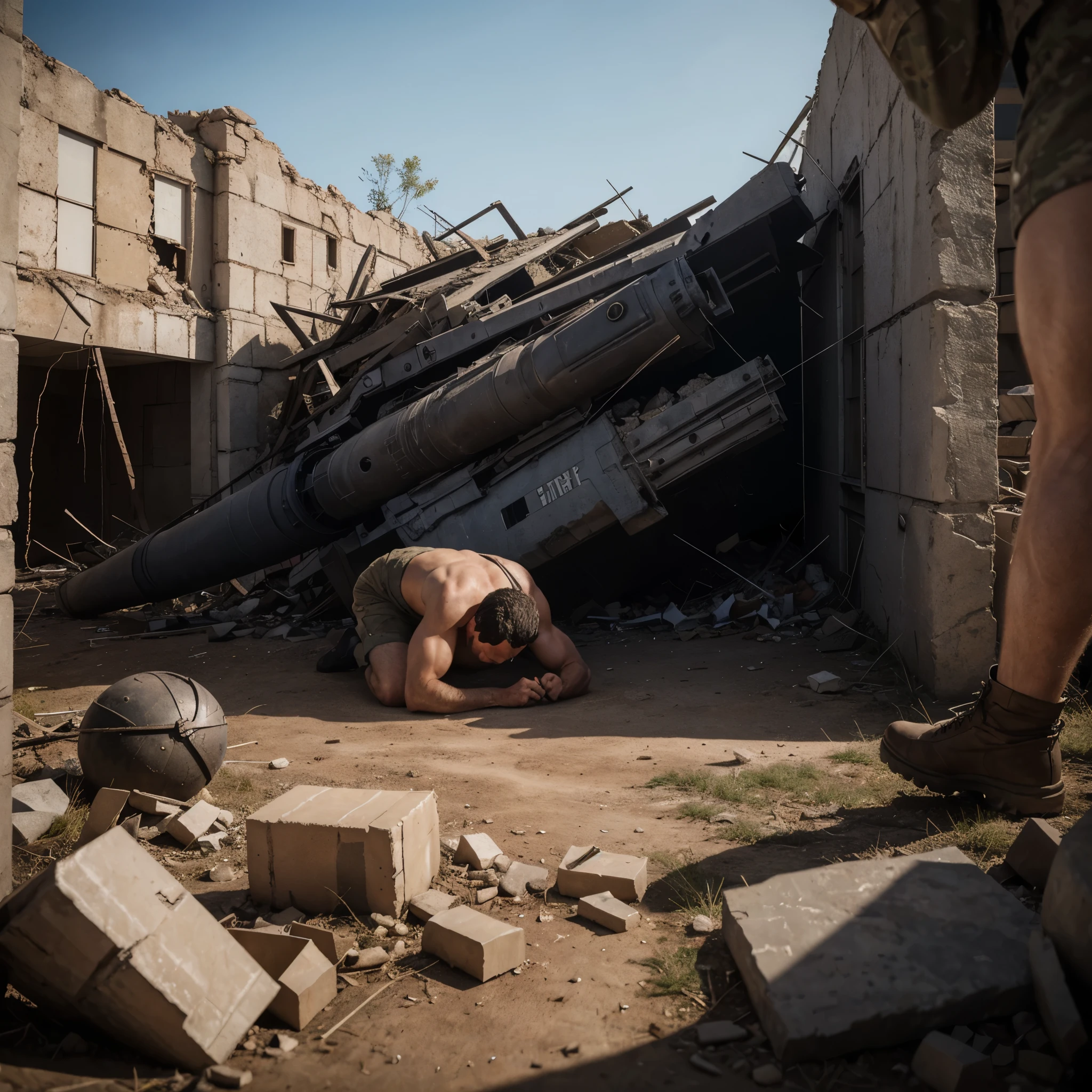 A photorealistic scene depicting a massive military boot attempting to crush a man who is fiercely resisting. The man, with bulging muscles and veins visible from the strain, pushes back with his arms, hands, and head, showcasing a determined and intense expression. The military boot is detailed with scuffs, dirt, and intricate tread patterns. The scene is set in a rugged, war-torn landscape with debris and ruins in the background. Realistic lighting casts dramatic shadows and highlights, enhancing the tension and realism of the scene. The background is slightly blurred to maintain focus on the confrontation, while the overall image is rendered in 8K resolution, hyperrealism, ultra-detailed textures, high dynamic range, and sharp focus.