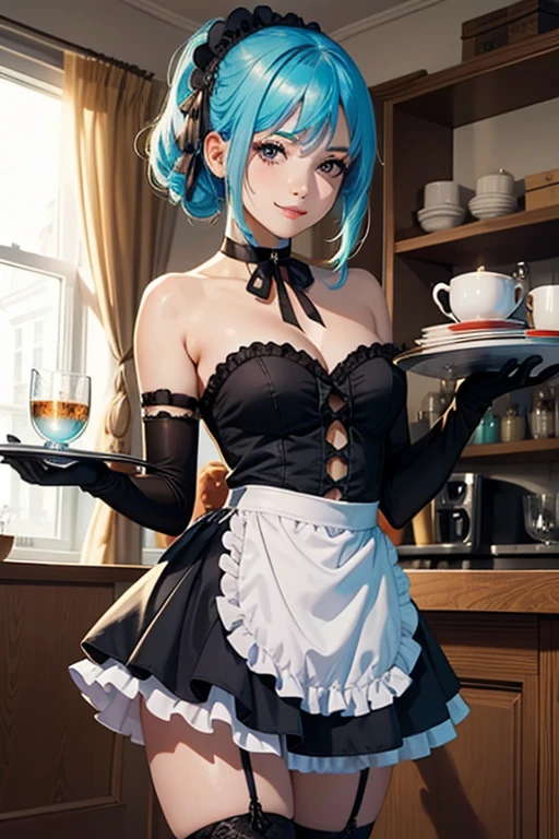 (8k, best quality, masterpiece:1.2), (finely detailed),kurumu,official style, 1girl, blue hair, purple eyes, solo,cafe,looking at viewer,cowboy shot, (black strapless dress),maid, white apron, white thighhighs,smile,holding a tray,purple headdress, (frilly choker:1.2), star \(symbol\),ponytail,short hair, indoors, (black elbow gloves)