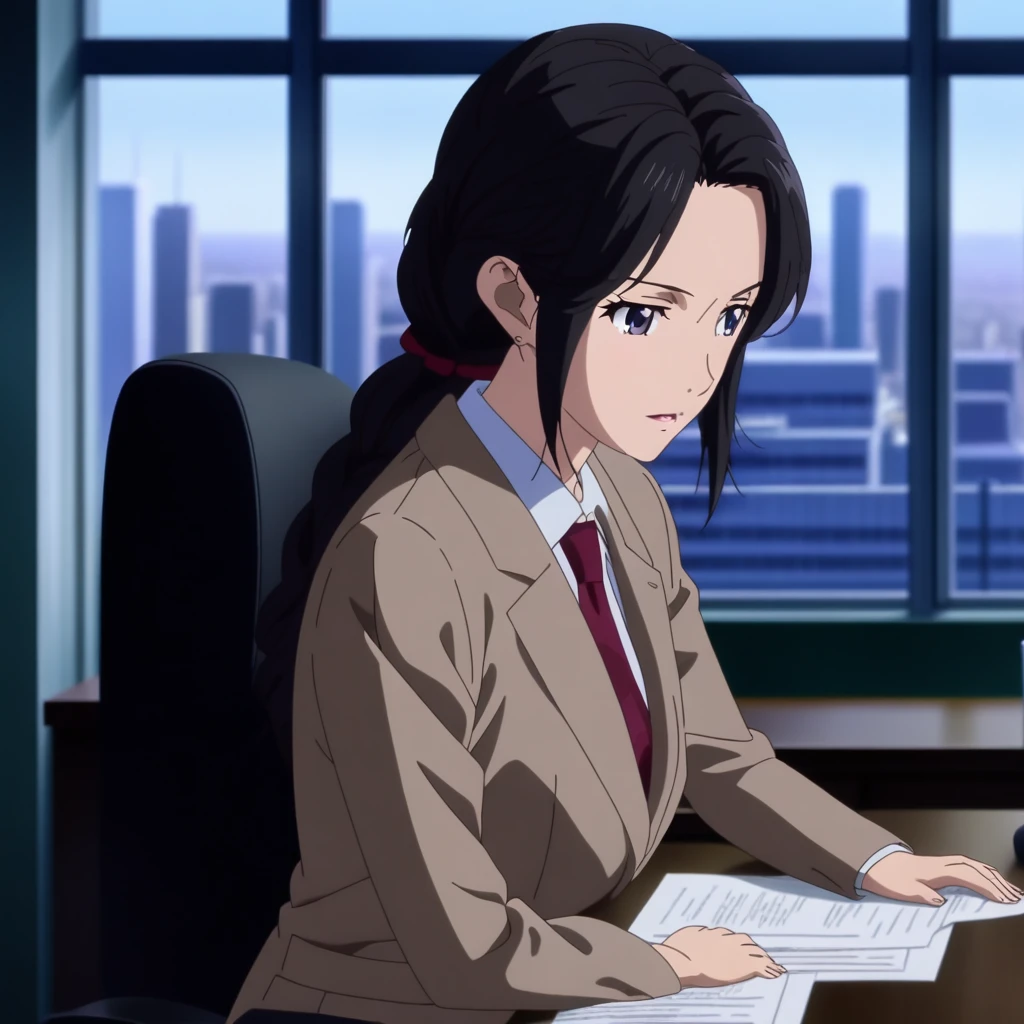 A calm and professional female office worker with long black hair, wearing a stylish business suit, sitting at a sleek office desk with a cityscape visible through large windows, in the style of Tsukasa Hojo's anime art, highly detailed, anime art,