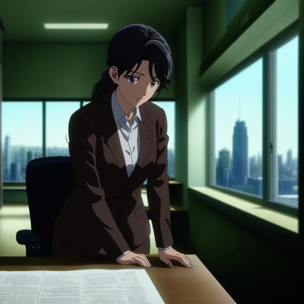 A calm and professional female office worker with long black hair, wearing a stylish business suit, sitting at a sleek office desk with a cityscape visible through large windows, in the style of Tsukasa Hojo's anime art, highly detailed, anime art,
