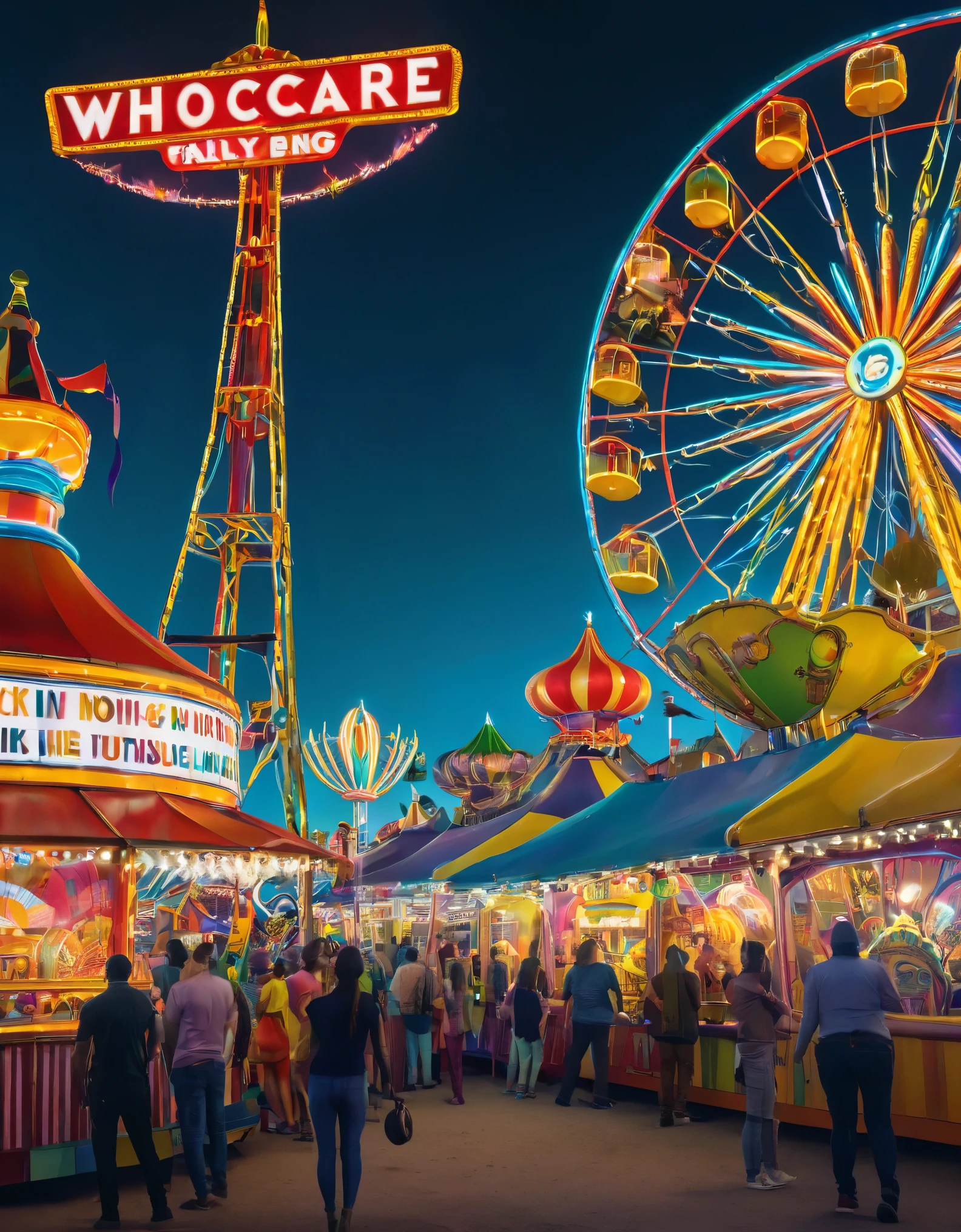 Create imaginative and amazing images demonstrating the style of ((Whorecore)), hyper realistic, 8k, vibrant colors, sharp crisp image, at the fair ground at night