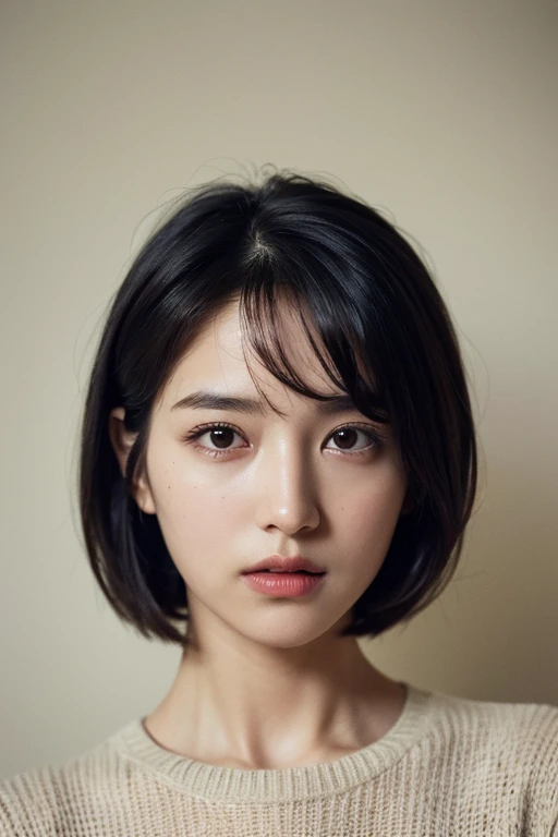 (masterpiece:1.3), (8k, photorealistic, RAW photo, best quality: 1.4), (1girl), beautiful face, (realistic face), (black hair, short hair:1.3), beautiful hairstyle, realistic eyes, beautiful detailed eyes, (realistic skin), beautiful skin, (sweater), absurdres, attractive, ultra high res, ultra realistic, highly detailed, golden ratio