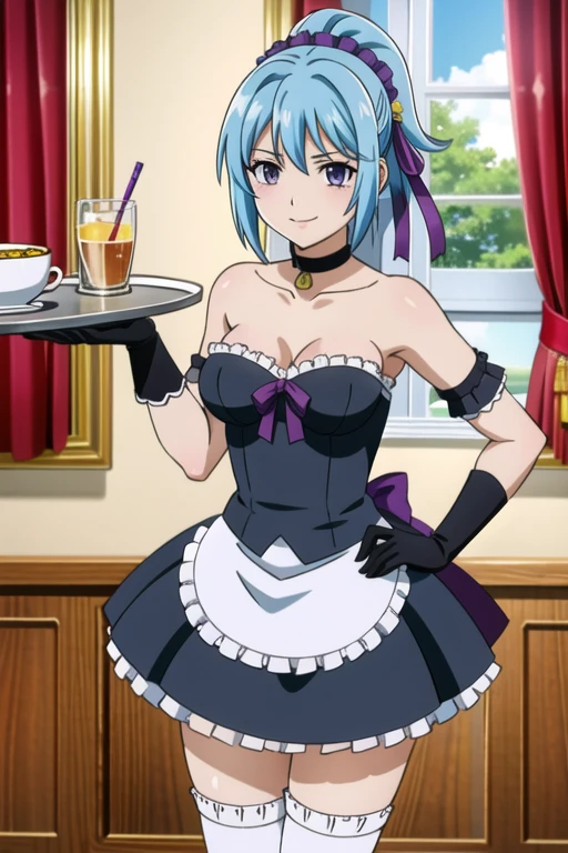 (8k, best quality, masterpiece:1.2), (finely detailed),kurumu,official style, 1girl, blue hair, purple eyes, solo,cafe,looking at viewer,cowboy shot, (black strapless dress),maid, white apron, white thighhighs,smile,holding a tray,purple headdress, (frilly choker:1.2), star \(symbol\),ponytail,short hair, indoors, (black elbow gloves)