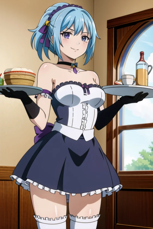 (8k, best quality, masterpiece:1.2), (finely detailed),kurumu,official style, 1girl, blue hair, purple eyes, solo,cafe,looking at viewer,cowboy shot, (black strapless dress),maid, white apron, white thighhighs,smile,holding a tray,purple headdress, (frilly choker:1.2), star \(symbol\),ponytail,short hair, indoors, (black elbow gloves)