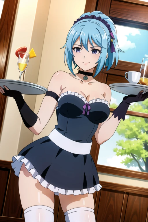 (8k, best quality, masterpiece:1.2), (finely detailed),kurumu,official style, 1girl, blue hair, purple eyes, solo,cafe,looking at viewer,cowboy shot, (black strapless dress),maid, white apron, white thighhighs,smile,holding a tray,purple headdress, (frilly choker:1.2), star \(symbol\),ponytail,short hair, indoors, (black elbow gloves)