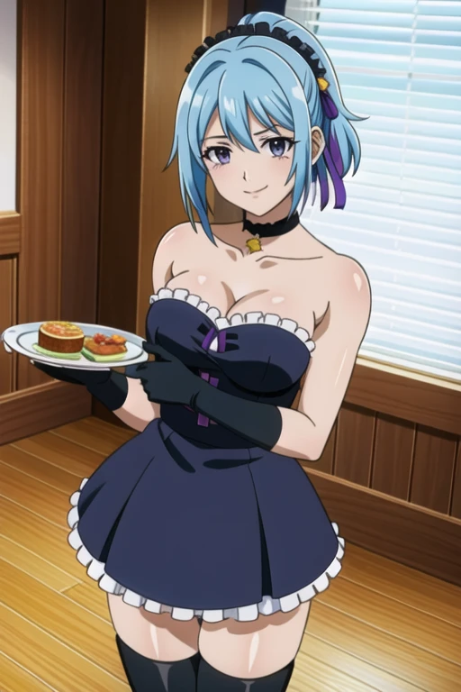 (8k, best quality, masterpiece:1.2), (finely detailed),kurumu,official style, 1girl, blue hair, purple eyes, solo,cafe,looking at viewer,cowboy shot, (black strapless dress),maid, white apron, white thighhighs,smile,holding a tray,purple headdress, (frilly choker:1.2), star \(symbol\),ponytail,short hair, indoors, (black elbow gloves)