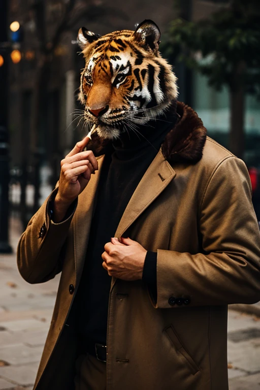 tiger in a coat with a cigarette in his mouth