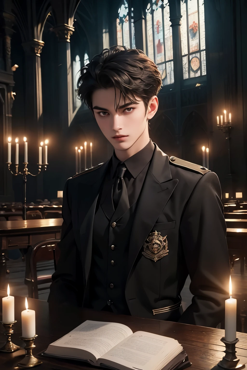 ((Best quality)), ((masterpiece)), (detailed), ((perfect face)), ((halfbody)) perfect proportions ,He is a handsome student, 18 years old, short hair, topless in uniform, there is a background of a school gothic room with lit candles, gnostic vibe ((perfect face))