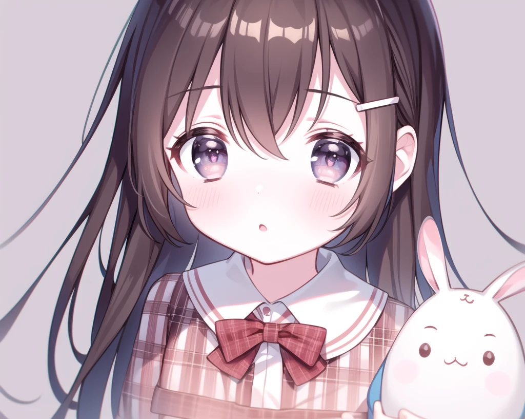 Round Image, Cai Zitouxiang, One girl, heart, alone, hair ornaments, Virtual YouTuber, Symbol-shaped pupil, Ahoge, Brown Hair, heart-shaped pupils, stuffed toy, Long Hair, Plaid, blush, 動物のstuffed toy, bangs, Brown eyes, shirt, Holding, overview, heart Ahoge, white overview, Holding stuffed toy, stuffed toyのウサギ, Plaid shirt, Upper Body, collared shirt, Little, Lips parted, rabbit hair ornaments, View Viewer, Long sleeve, Simple Background, Shine, Patterns that don't move, Hair Clip