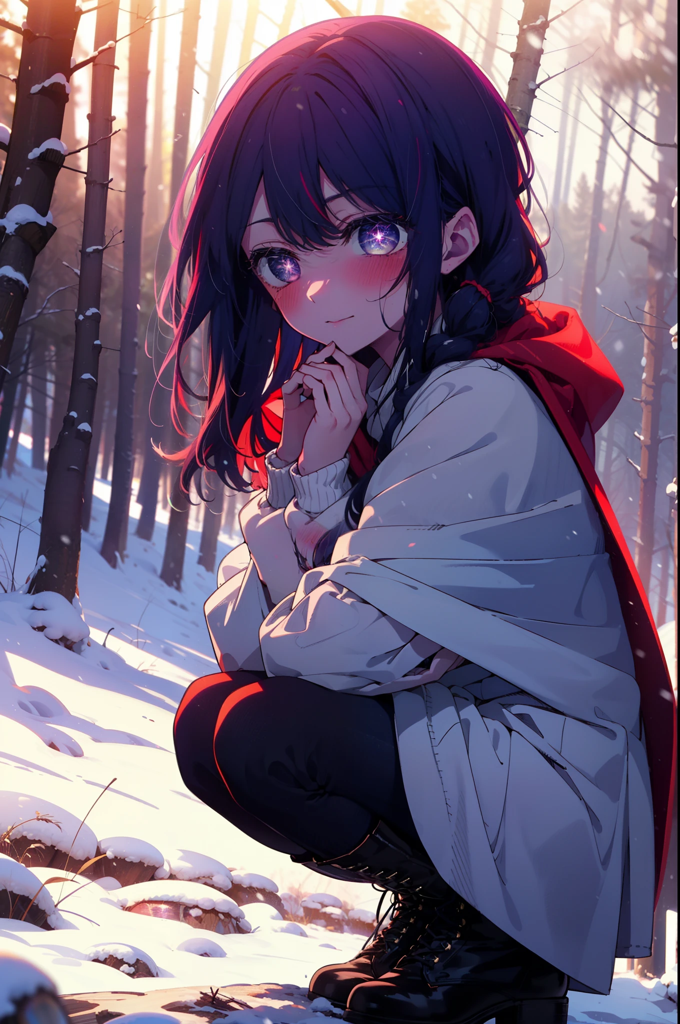 aihoshino, Ai Hoshino, Long Hair, bangs, (Purple eyes:1.1), Purple Hair, (Symbol-shaped pupil:1.5), smile,,smile,blush,White Breath,
Open your mouth,snow,Ground bonfire, Outdoor, boots, snowing, From the side, wood, suitcase, Cape, Blurred, , forest, White handbag, nature,  Squat, Mouth closed, Cape, winter, Written boundary depth, Black shoes, red Cape break looking at viewer, Upper Body, whole body, break Outdoor, forest, nature, break (masterpiece:1.2), highest quality, High resolution, unity 8k wallpaper, (shape:0.8), (Beautiful and beautiful eyes:1.6), Highly detailed face, Perfect lighting, Extremely detailed CG, (Perfect hands, Perfect Anatomy),