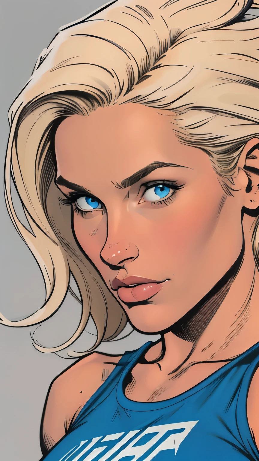
Flat colors,close-up, portrait,  of a 25 year old surfer looking girl, tan skin, ([blue eyes]) Beach blonde salty hair, natural beaty, beautiful, casual, blue tank top, masterpiece, (([Simple grey background]))


