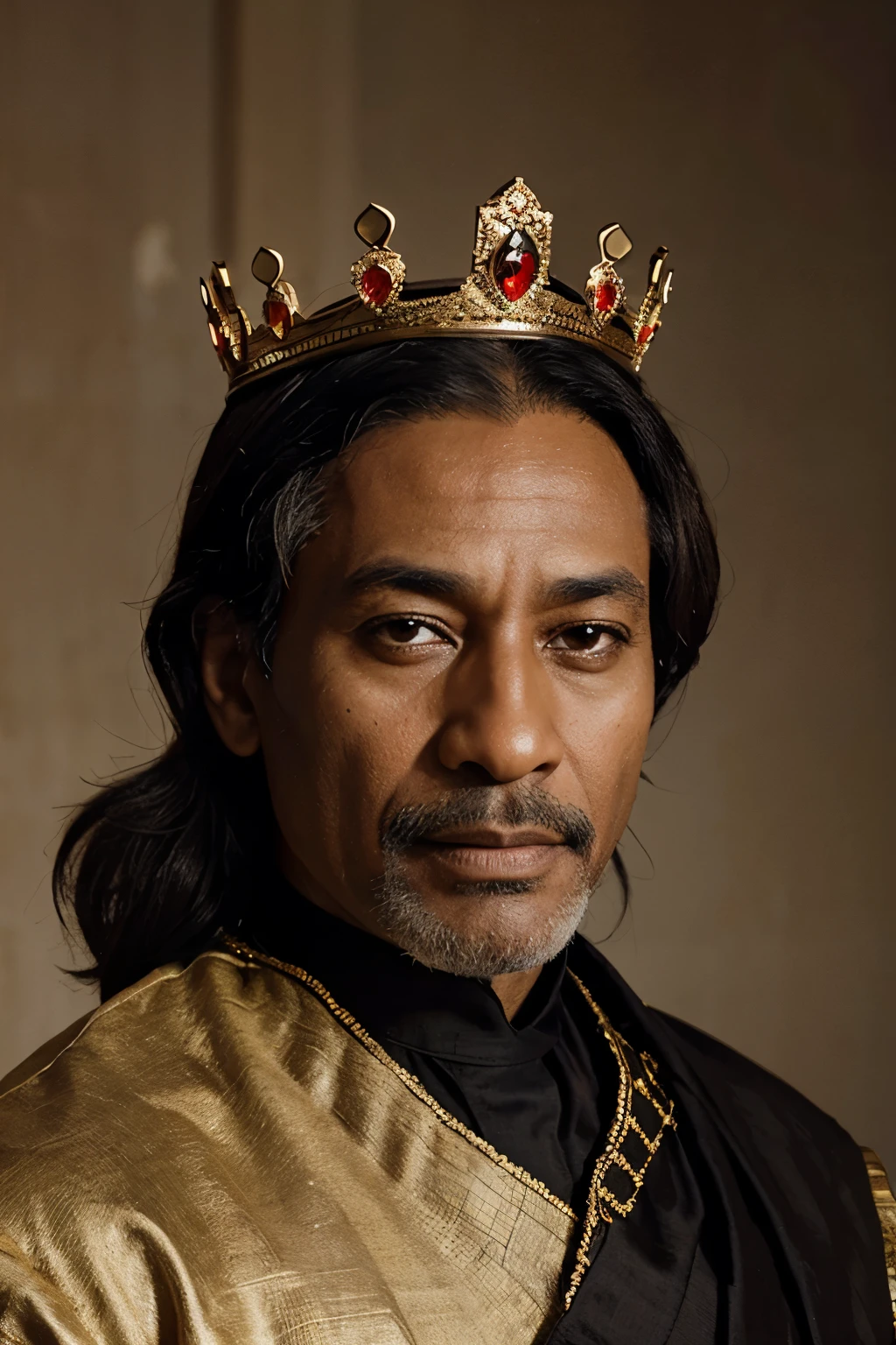 A king with crown, aged 59, brown skin, wears royal clothes, has small black hairs,