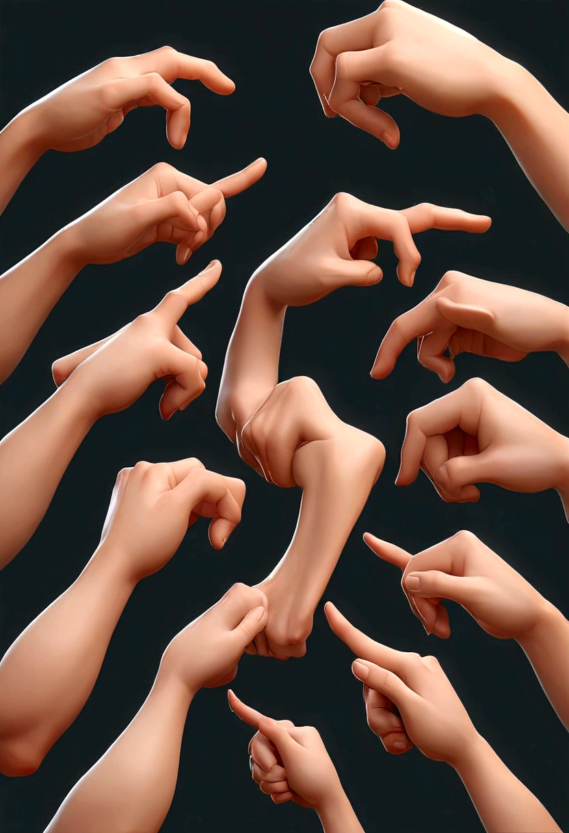 High detail of the hands, Human Hand, low poly hands, Correction hand, gesture, Hand Model, Extreme hand details, detailed and realistic hands, Hand close-up, Animation style rendering, number, elegant hands, Pixar style。Cartoon 3D。8K