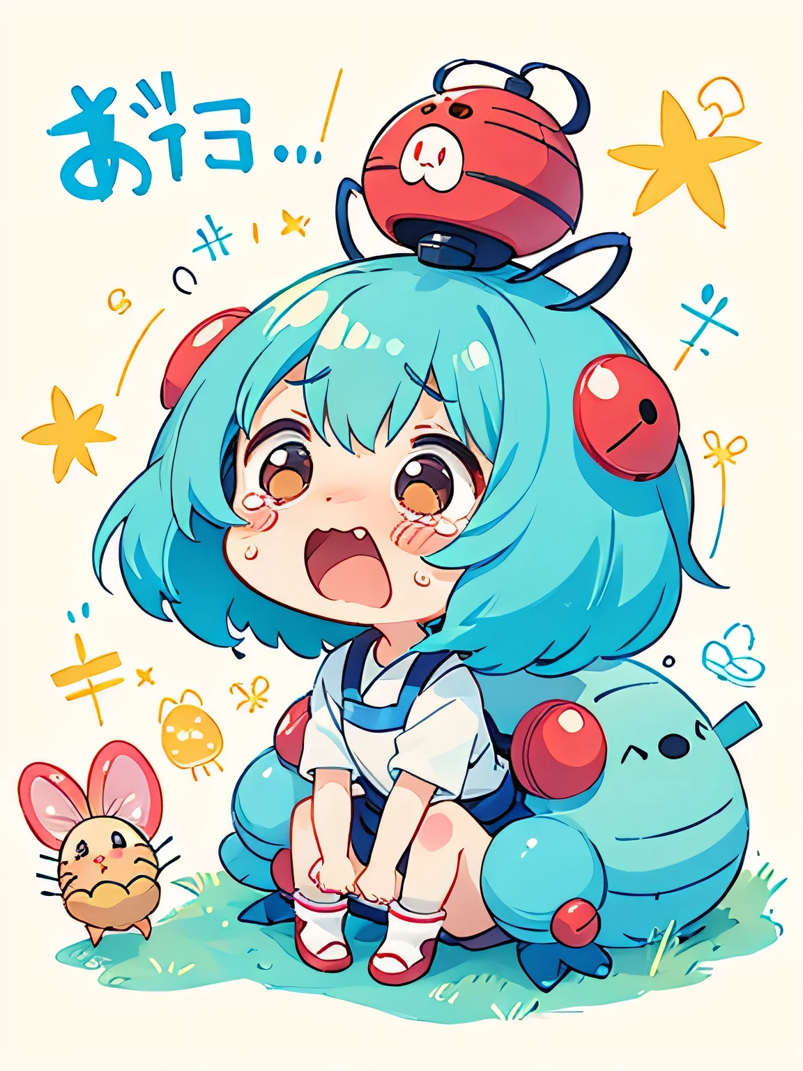 Hayao Mayazaki style, Kawaii Design, The most beautiful girl of all time、Chibi, A cute and colorful pillbug crying