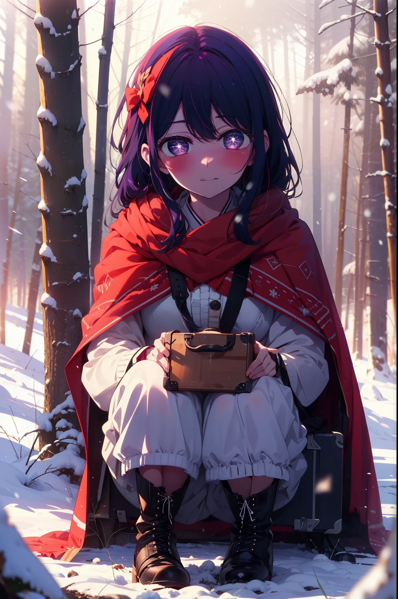 aihoshino, Ai Hoshino, Long Hair, bangs, (Purple eyes:1.1), Purple Hair, (Symbol-shaped pupil:1.5), smile,,smile,blush,White Breath,
Open your mouth,snow,Ground bonfire, Outdoor, boots, snowing, From the side, wood, suitcase, Cape, Blurred, , forest, White handbag, nature, Squat, Mouth closed, Cape, winter, Written boundary depth, Black shoes, red Cape break looking at viewer, Upper Body, whole body, break Outdoor, forest, nature, break (masterpiece:1.2), highest quality, High resolution, unity 8k wallpaper, (shape:0.8), (Beautiful and beautiful eyes:1.6), Highly detailed face, Perfect lighting, Extremely detailed CG, (Perfect hands, Perfect Anatomy),