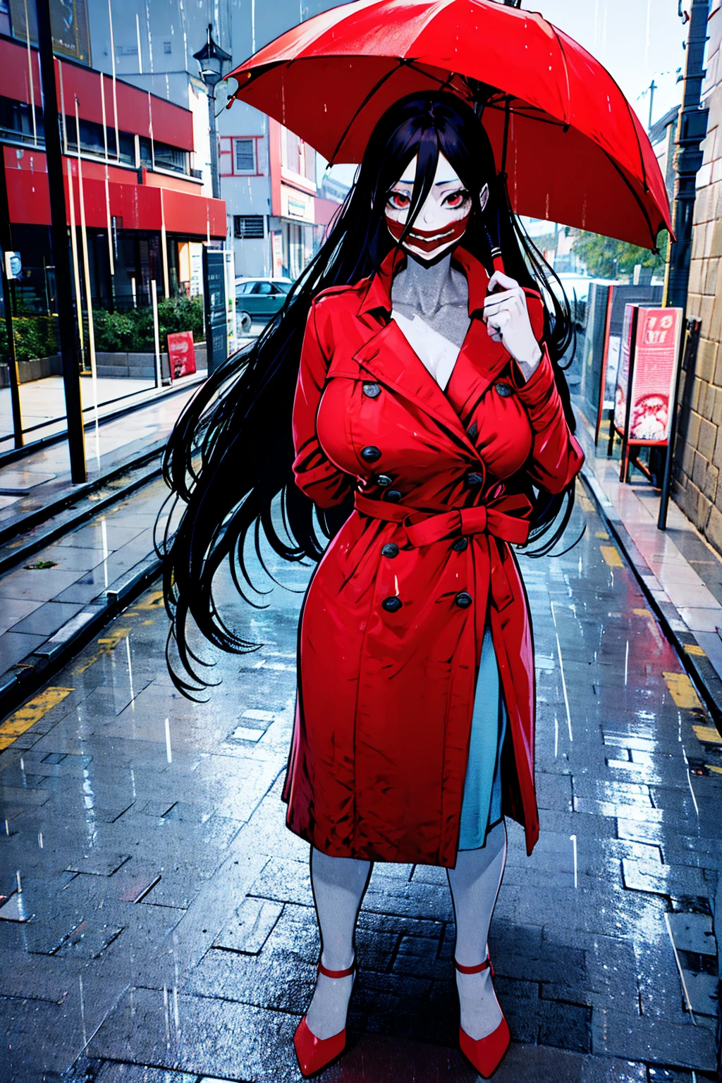 Kuchisake-onna Super Extra large breasts breast enlargement sexy red coat full-body shot looking at the camera standing alone in the rain holding large scissors in her right hand illustration, ultra-detailed, HDR, vibrant colors, soft lighting