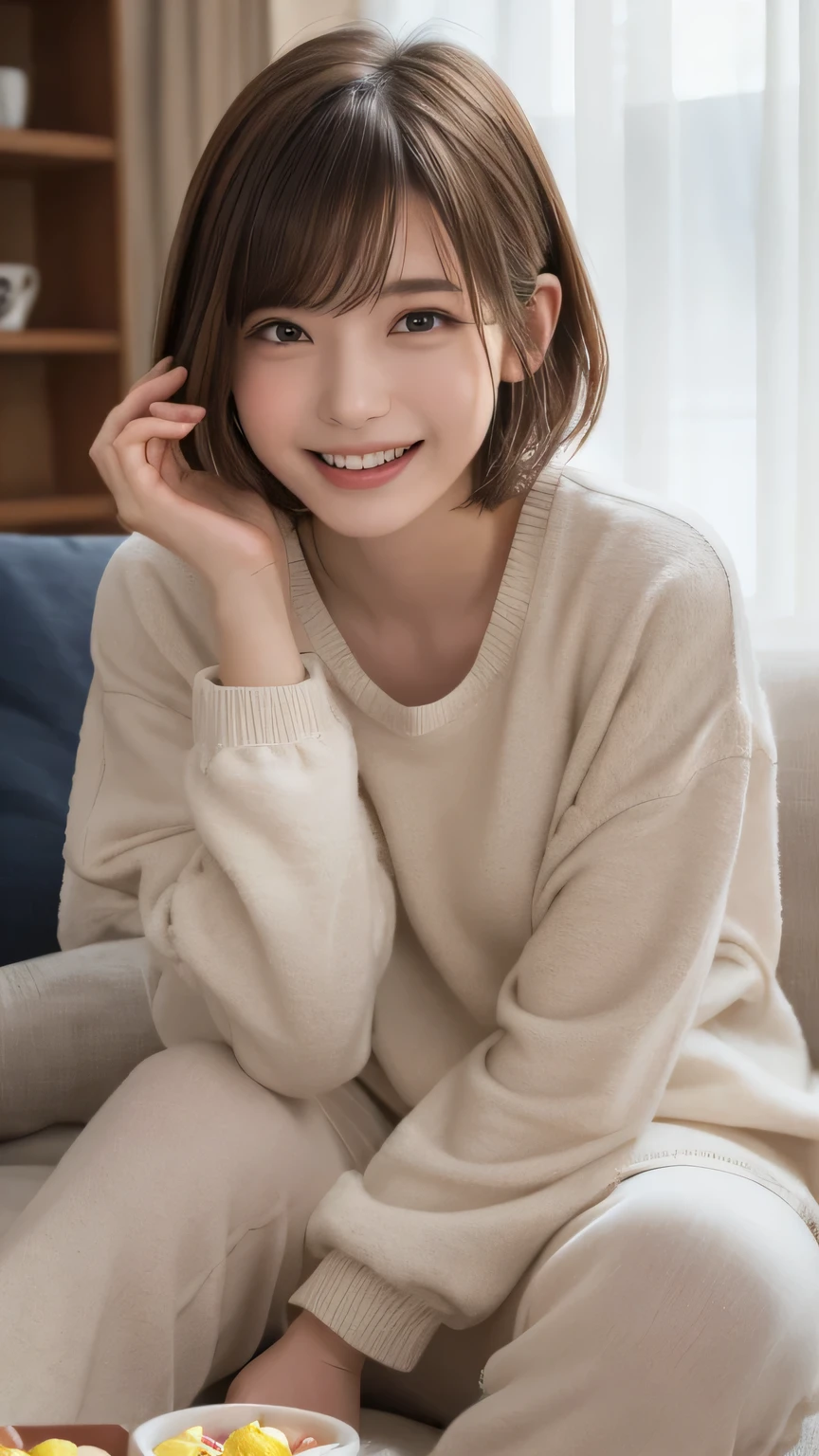 closeup shot , Best picture quality (8K, high resolution, Masterpiece: 1.2), super detailed,  215 Short Hair, 16-year-old woman, 

situation: Relaxing at home watching movies and chatting。
clothing: Casual and relaxed loungewear（Pajamas and sweatshirts）、slipper。Hair down naturally 、Rough style。
angle: Front view of a person relaxing on a sofa。Scenes of people watching movies with popcorn and drinks in hand,、A close-up of the moment they are laughing and talking。Reflecting the warm atmosphere of the room、Lighting Ideas。

Close-up of face 

, random cute pose ,big eyes ,Puffy eyes ,  Heart Pupil, blush  , huge shy smile , salute

