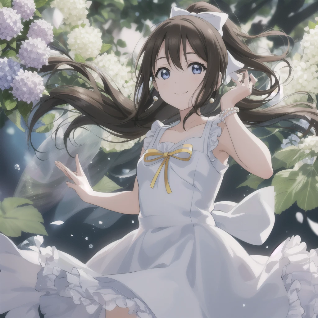 (best quality, masterpiece:1.2), 1girl, solo, cute, smile, detailed background, (looking at viewer, solo focus:1.2), light on face, sky, blue sky, sunlight, lens flare, depth of field, scenery, glow eyes, closed mouth, standing, cowboy shot,
ANIH Dress, ousaka shizuku, jewelry, long hair, brown hair, blue eyes, sidelocks, hair bow, pearl necklace, bangs, ponytail, rose, white dress, hair between eyes, earrings, blue bow, sleeveless dress, collarbone, star (symbol), pearl bracelet, star hair ornament, purple rose, lace-trimmed dress, beads, frilled dress, white bow,
water bubble_particles, rain_drop, cloud, (hydrangea:1.4), arms on knees,