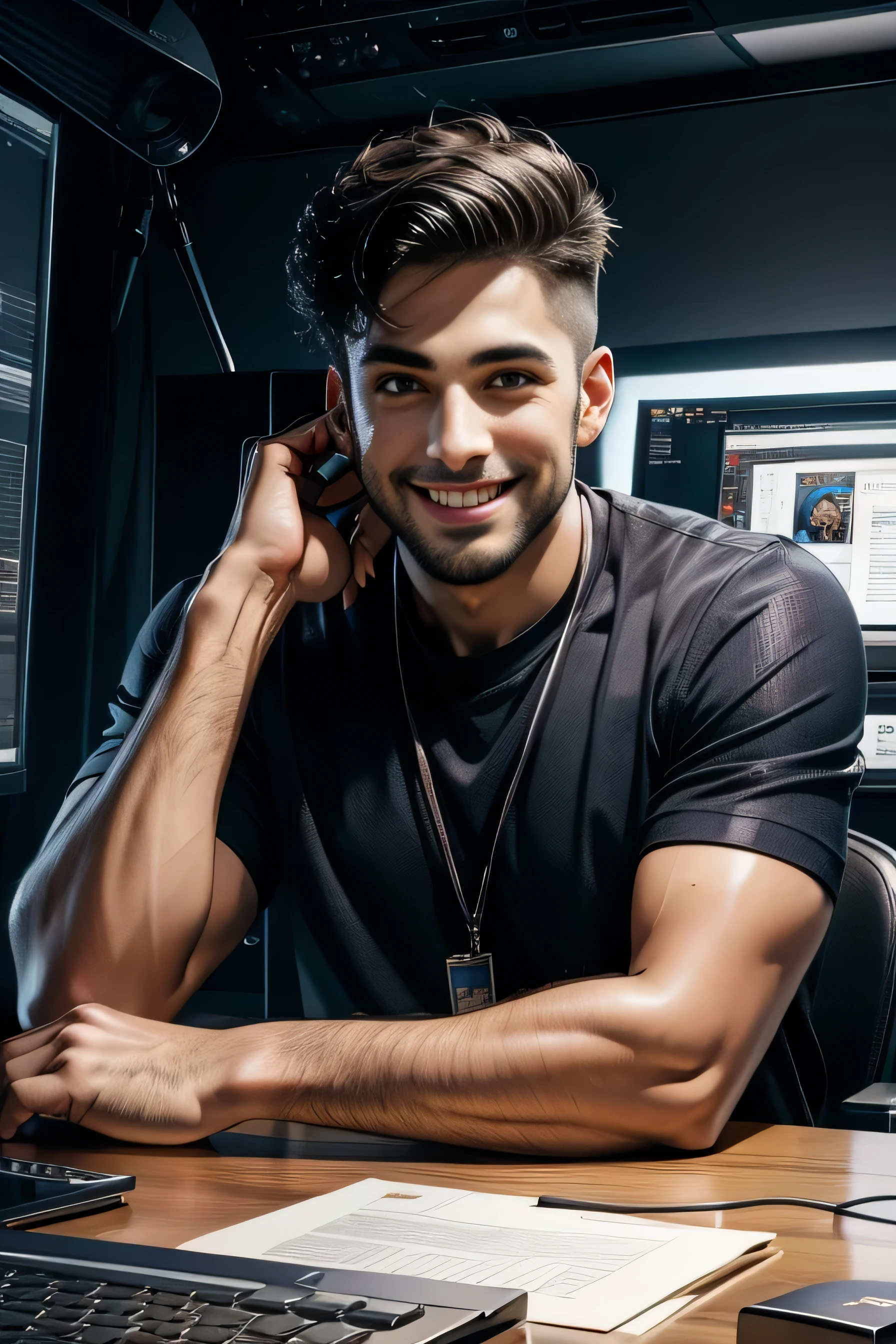 A handsome boy sitting at a desk with a laptop and microphone, sitting in front of a microphone, Twitch streamer, Twitch streamer/gamer Ludwig, giving an interview, accurate portrait, taking control while smiling, H3H3, with a happy expression, accurate representation, in front of a computer, trending art, Shutterstock, studio shot, very expressive, realistic anime, drawn,