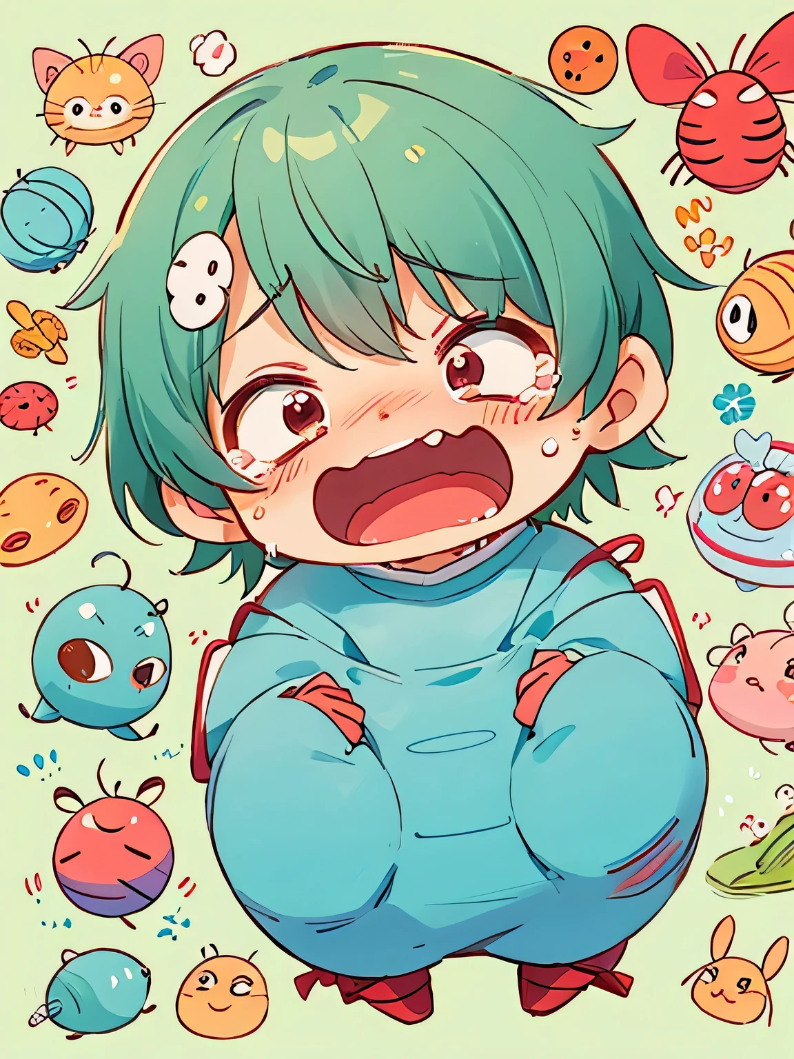 Akira Toriyama style, Kawaii Design, A cute and colorful pillbug crying