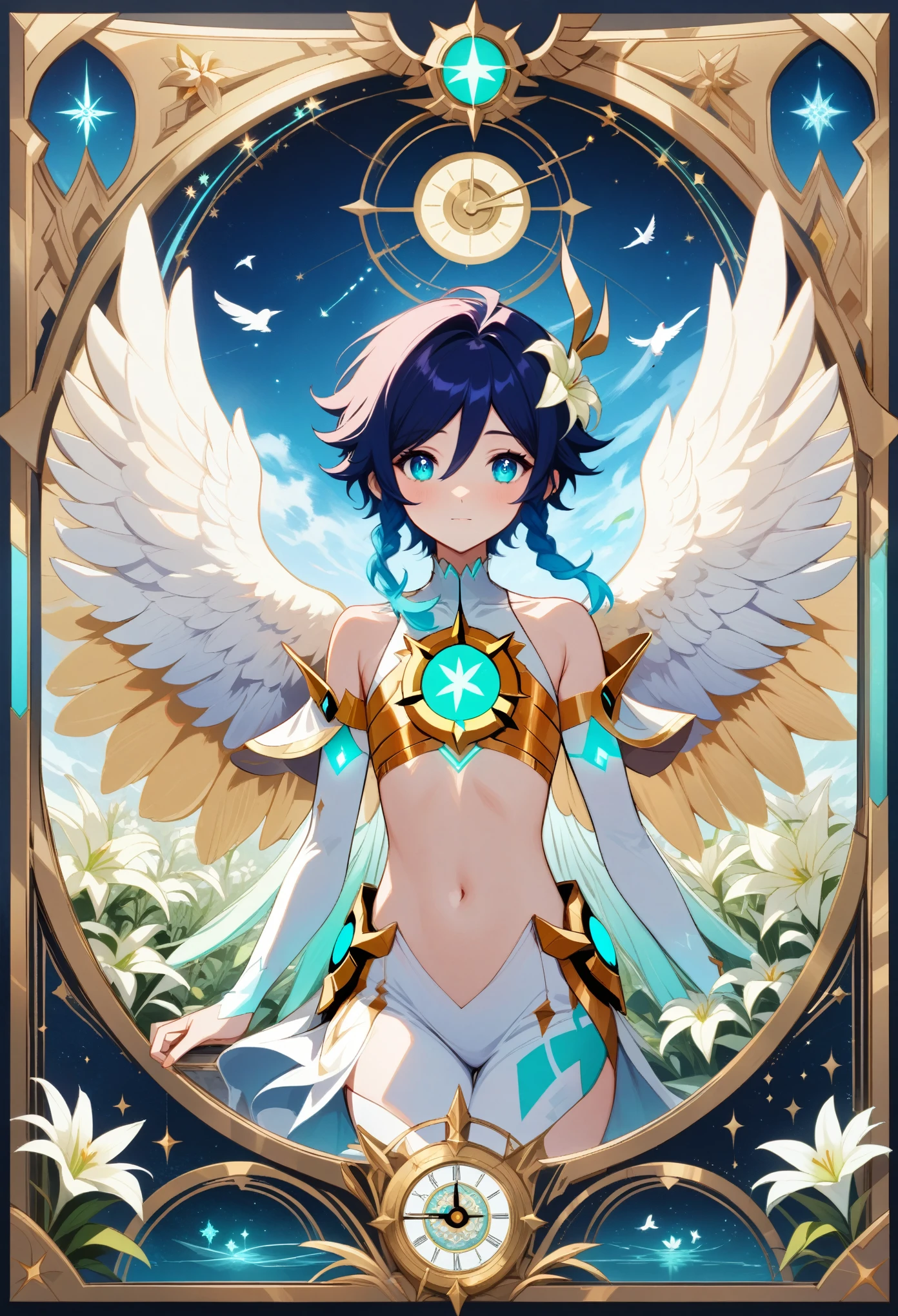 (masterpiece:1.2), best quality, expressive eyes, perfect face, 1boy, flat chest,venti_\(archon\)_\(genshin_impact\),bare stomach

profile shot, white doves, genshin impact, white lilies, dandelions, beautiful lilies blooms and plants surrounding him, framed by the full moon clock and constellations in an stained glass art style, dazzling moonlit scene, tarot, archonventi, large angel wings, 