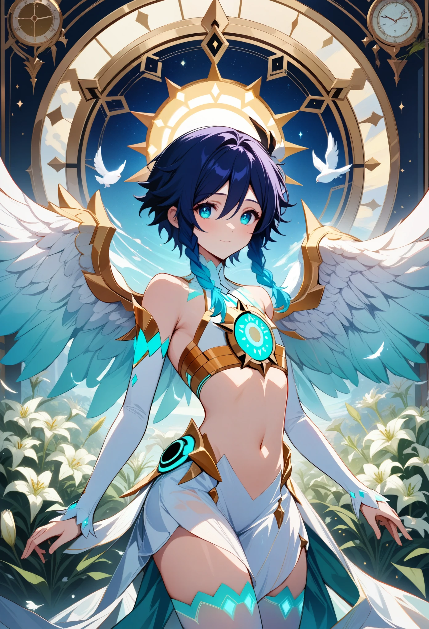 (masterpiece:1.2), best quality, expressive eyes, perfect face, 1boy, flat chest,venti_\(archon\)_\(genshin_impact\),bare stomach

profile shot, white doves, genshin impact, white lilies, dandelions, beautiful lilies blooms and plants surrounding him, framed by the full moon clock and constellations in an stained glass art style, dazzling moonlit scene, tarot, archonventi, large angel wings, 