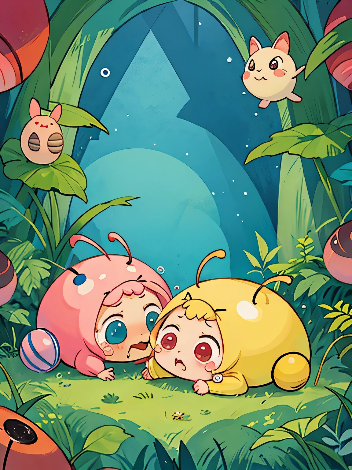 Hayao Mayazaki style, Kawaii Design, A cute and colorful pillbug crying