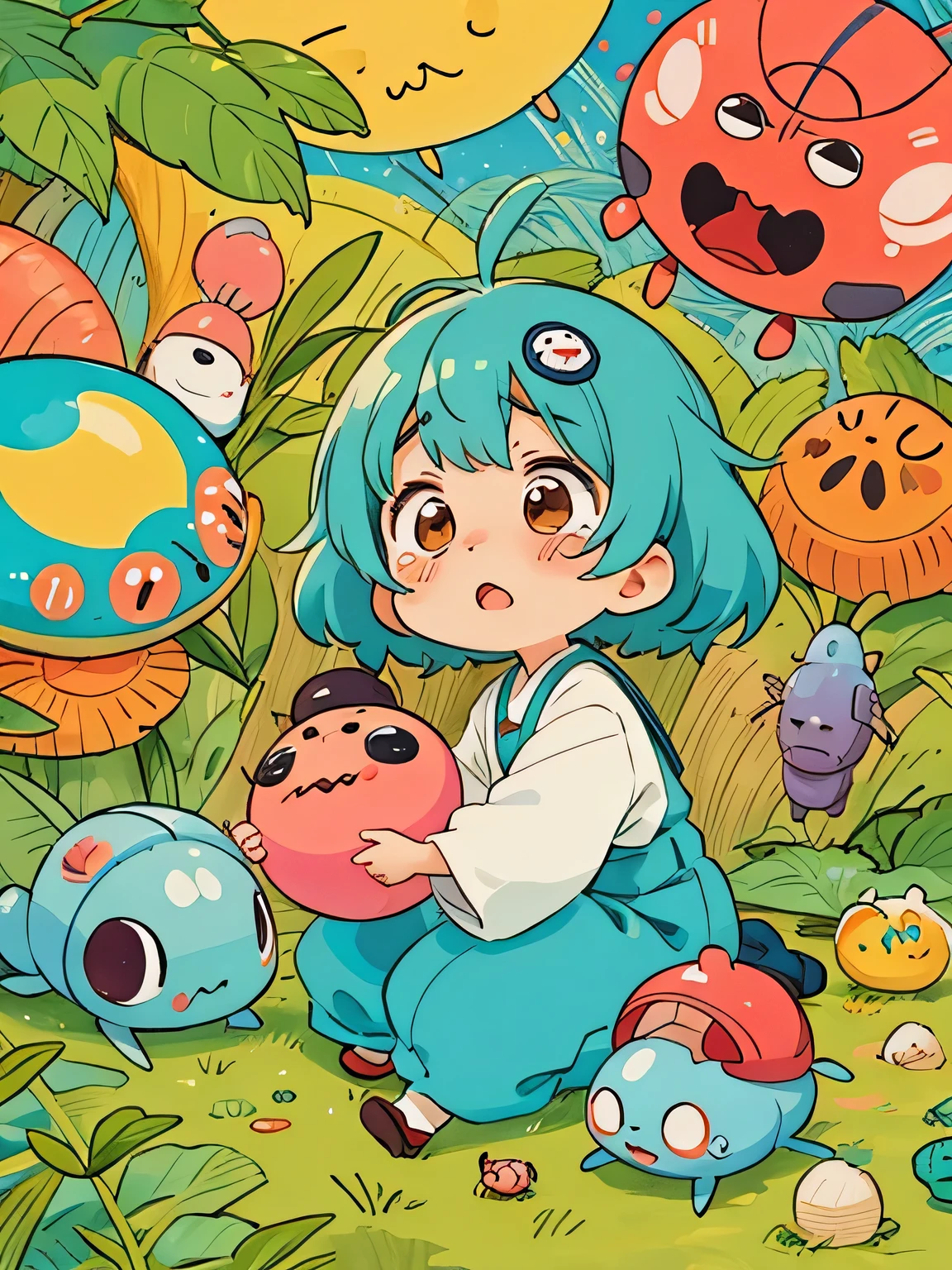 Hayao Mayazaki style, Kawaii Design, A cute and colorful pillbug crying