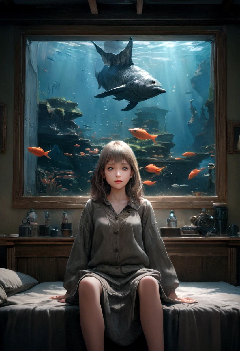 highest quality, masterpiece, Ultra-high resolution, 8k, born, (Photorealistic:1.4), Physically Based Rendering, Depth of written boundary, Looking at the audience, thin, (Sitting:1.1), In the bedroom, Beautiful face in every detail, 1 girl, cute, young, deep sea、Undersea City、fish 
