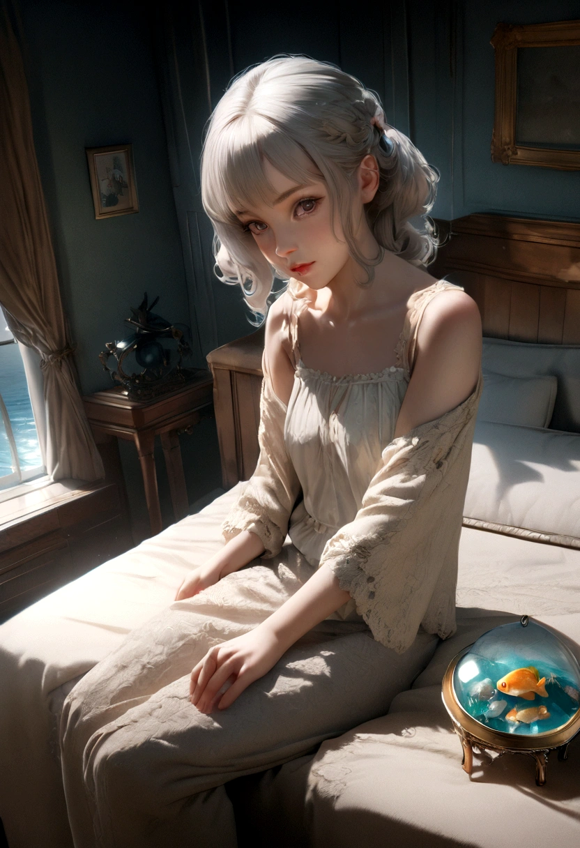 highest quality, masterpiece, Ultra-high resolution, 8k, born, (Photorealistic:1.4), Physically Based Rendering, Depth of written boundary, Looking at the audience, thin, (Sitting:1.1), In the bedroom, Beautiful face in every detail, 1 girl, cute, young, deep sea、Undersea City、fish