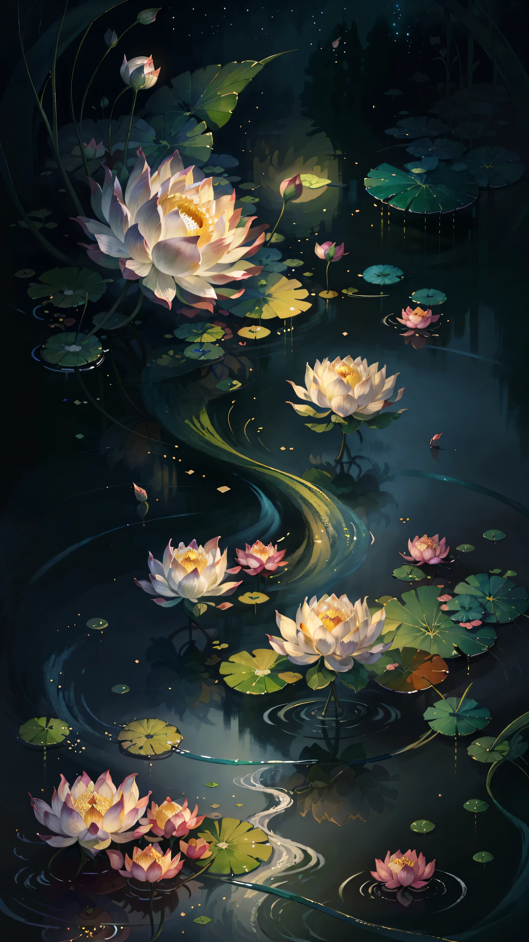 The original,(Implications:1.1),(Best quality),(masterpiece:1.1),(Extremely detailed CG Unity 8K wallpaper),(a color:1.2),lotus,Lotus petals,landscape,Rios|purely,
