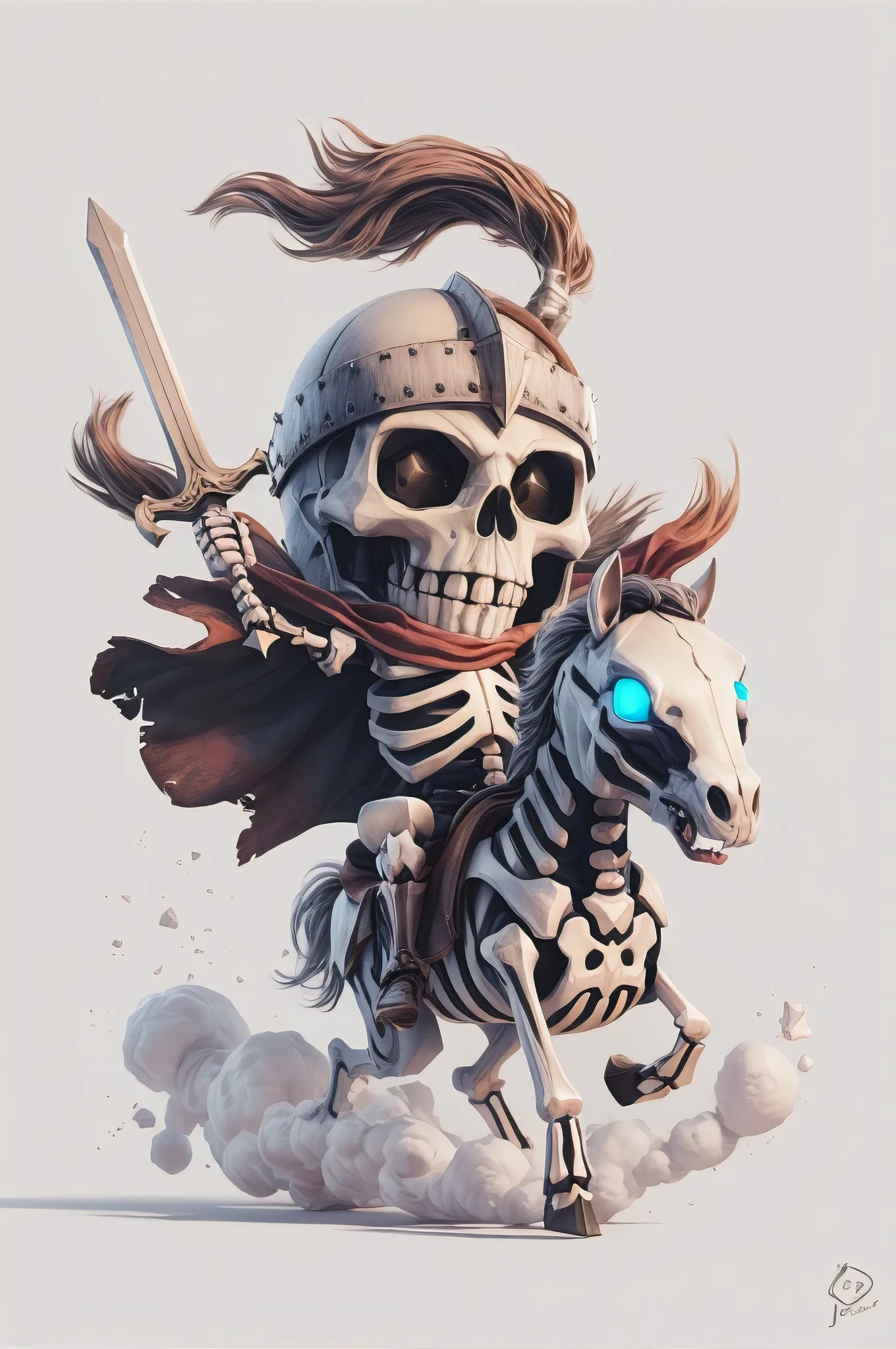 An adorable and unique 3D render of a skeleton knight charging fearlessly on a white background. The knight, adorned with a skull helmet and sword, has expressive eyes and a slight smile, giving it a charming and quirky appearance. The horse it rides on has a similar skeletal design, with glowing blue eyes. The artwork is detailed and offers a playful twist on the traditional skeleton theme., 3d render