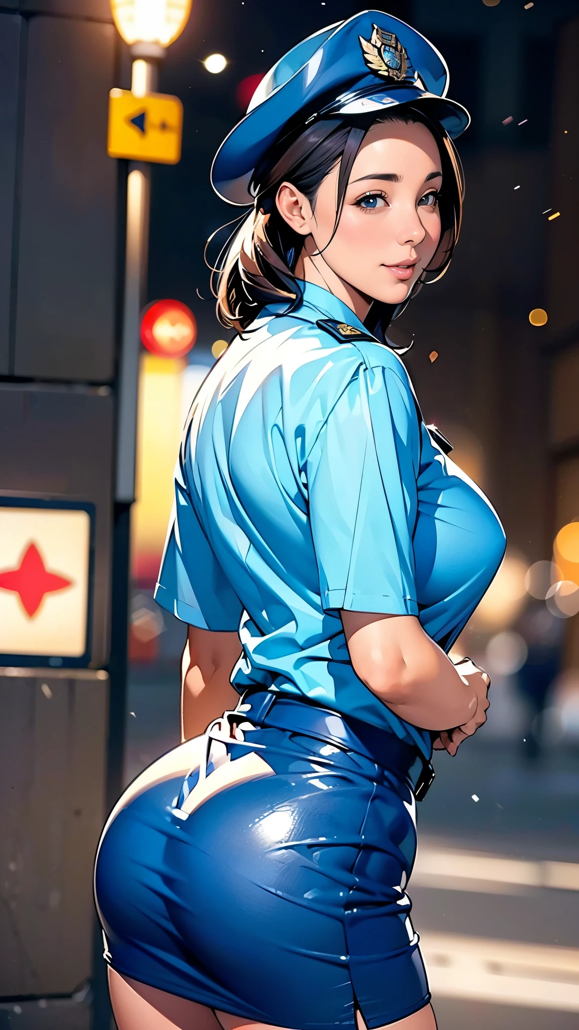 (masterpiece:1.2, highest quality), (Realistic, photoRealistic:1.4),Beautiful illustrations,(Natural Side Lighting, Cinema Lighting),1 female,Japanese,Mature Woman,Policewoman on patrol,48 years old,Perfect Face, Symmetrical face, Shiny skin,Random Hairstyles,Big eyes,Sexy Eyes,(smile),(whole body),BREAK((Police Officer Shirt)),((Tight mini skirt)),(Police hat),(The background is a street corner:1.5),(((Background Blur:1.5))),((police uniform)),(((looking back)))