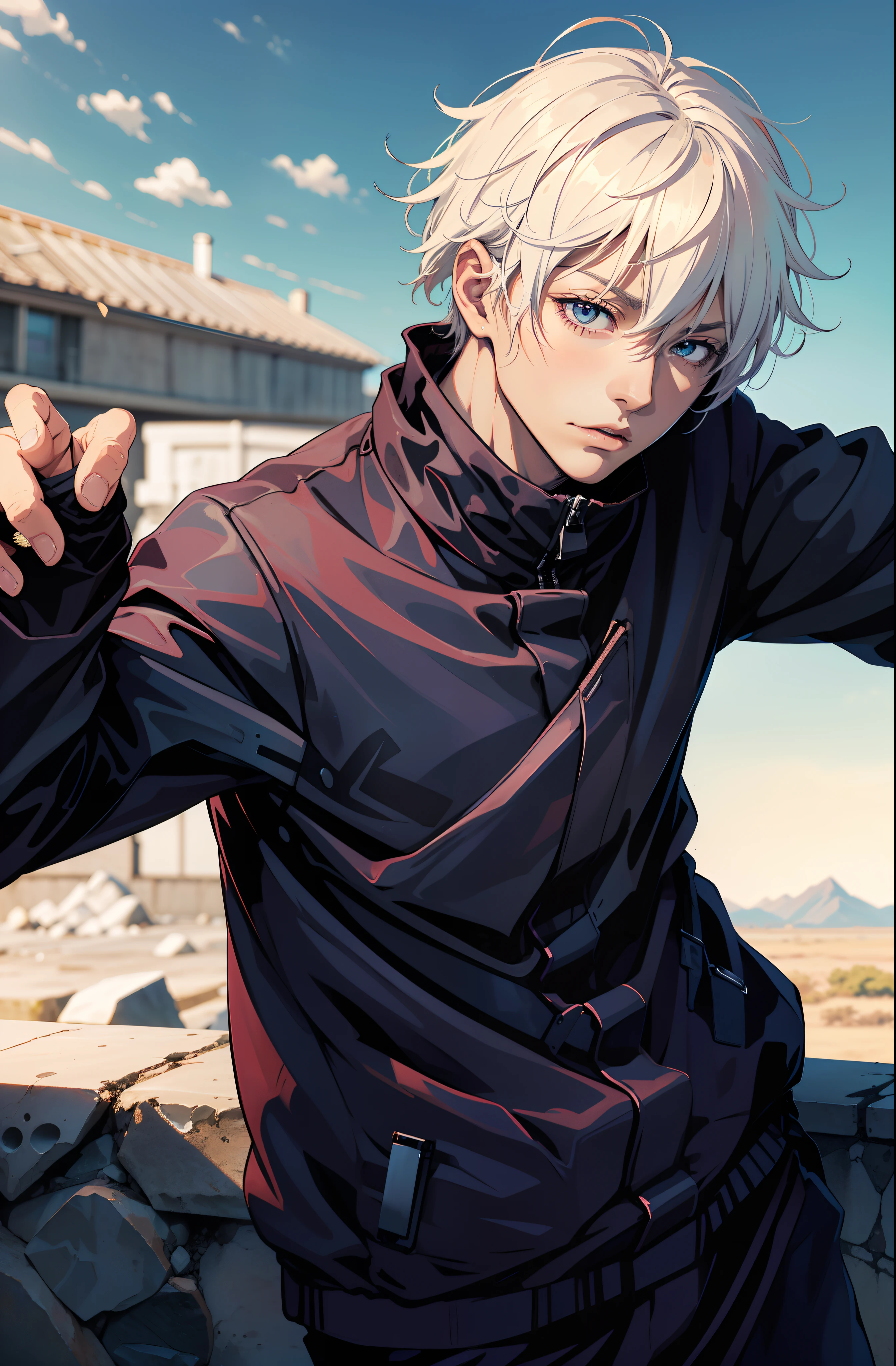 (absurdos, Altas Resoluciones, Ultra detallado, HDR), Obra maestra, nsfw, La mejor calidad, jujutsu kaisen, gojo satoru, 1hombre solamente en combate, guapo, pelo corto, cabello blanco, Ojos azules vibrantes, ojos finos y cara detalladas, (((Fuego, llamas, a su espalda)) Armadura, ((Arma intrincada)). Final Fantasy, abs, badass pose, Chico de anime con las manos agarrando su espada, pose de anime combatiendo, Anime hombre guapo, Personaje masculino de anime, Badass Anime 8K, Arte detallado del personaje de anime, Concepto de anime HDR Anime MacManus, Chico anime, Ikuto Yamashita, Anime CG arte suave, Fondo de pantalla de manga 4 k, inspirado por Yamagata Hiro, Wallaper de anime