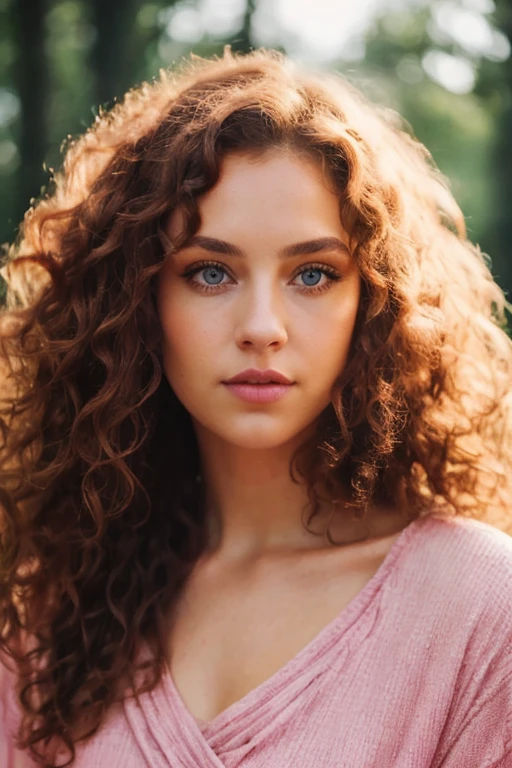 an eye contact of a brunett curly with bun hair and dark theme, ice-blue eyes
