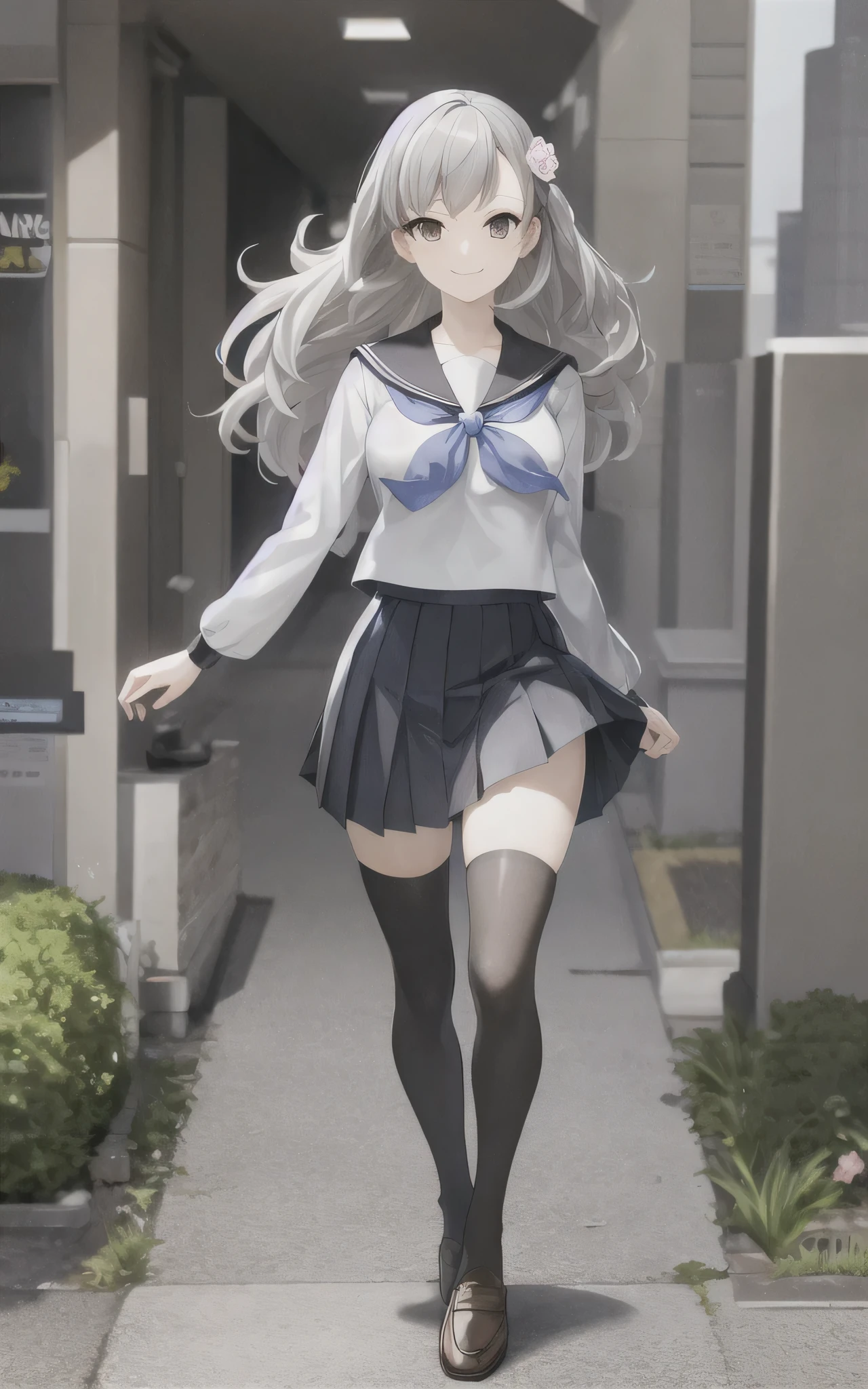 masterpiece, best quality,fuyusaka iori 1, 1girl, solo, hair flower, , hair ornament, flower, skirt, long hair, socks, serafuku, shoes, kneehighs, full body, loafers, pleated skirt, thighhighs, black skirt, grey hair, white flower, standing, grey eyes, outline, long sleeves, looking at viewer, highly detailed city background, middle breast, smile, shameful face, turn red face, slander, straight on,