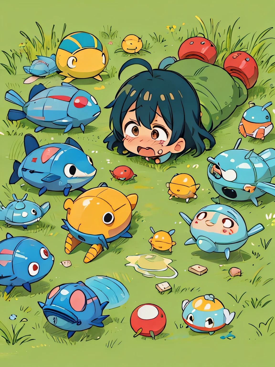 Fujio Akastuka style, Kawaii Design, A cute and colorful pillbug crying