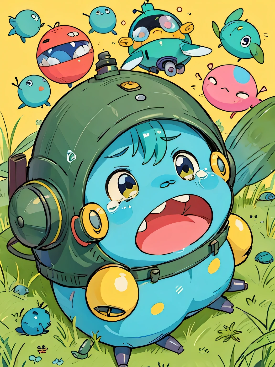 Fujio Akastuka style, Kawaii Design, A cute and colorful pillbug crying