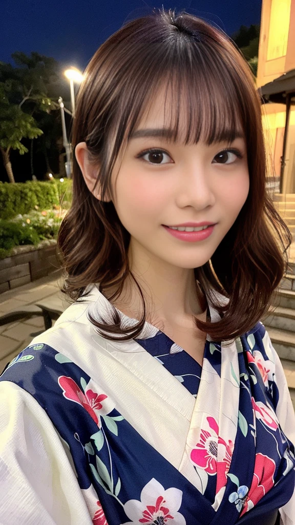 (masterpiece:1.3), High resolution, Super detailed, Highly detailed CG Unity 8k wallpaper, Realistic, photo-Realistic, RAW Photos, Beautifully detailed face, Pale skin, Realistic glistening skin, Detailed cloth texture, Detailed hair texture, Perfect body, Beautiful Face, Accurate, Anatomically correct, Highly detailed face and skin texture, Natural neck length, (Beautiful Hands), (Fair skin:1.2), Thin legs, Thin legs, (Good teeth alignment:1.1), Sweaty skin, 
break, 
Fine grain, Symmetrical eyes, Light brown eyes, double eyelid, Thin eyebrows, (Watery eyes:1.2), (Glossy lips:1.4), ((Smiling Kindly:1.2)), (blush:1.2), (Sparkly little hair accessories:1.1), 
break, 
(Classy girl:1.3), (wear (a navy yukata:1.2) White flower pattern), 
break, 
((Close-up shot:1.3)), 
Medium chest, Slim figure, Toned Abs, 
((Updo, Dark blonde hair, Wavy Hair, Long Hair, Asymmetrical bangs:1.2)), 
break, 
((Standing on the stairs、Leaning forward to pose for a selfie from below:1.2)), ((Countless colorful fireworks burst into the night sky behind the riverside terrace.:1.2)),