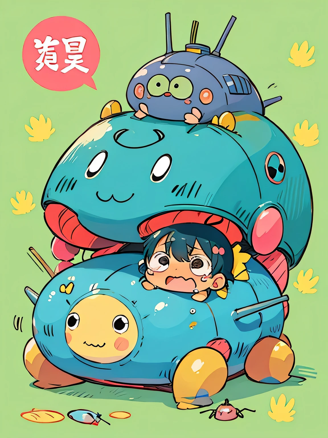 Fujio Akastuka style, Kawaii Design, A cute and colorful pillbug crying