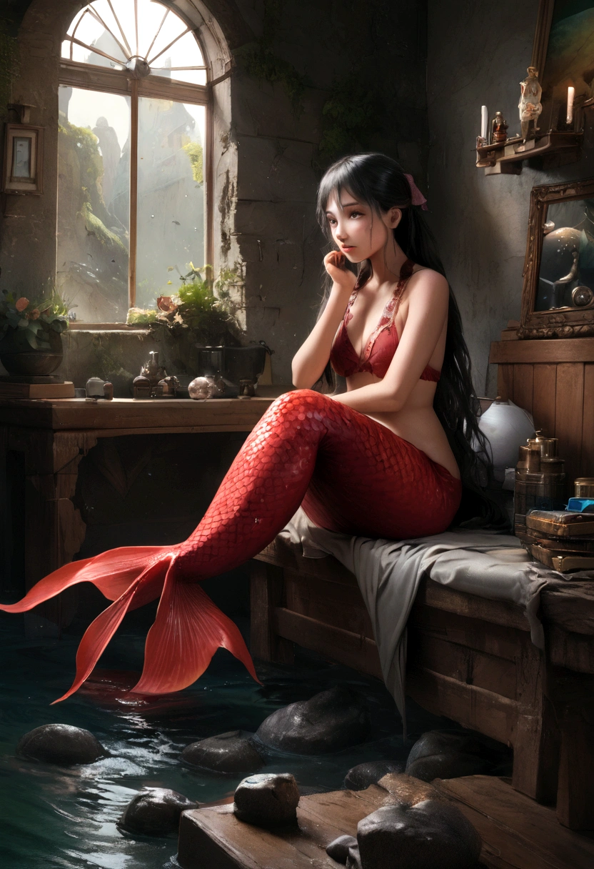 highest quality, masterpiece, Ultra-high resolution, 8k, born, (Photorealistic:1.4), Physically Based Rendering, Depth of written boundary, Looking at the audience, thin, (Sitting:1.1), In the bedroom, Beautiful face in every detail, 1 girl, cute, young, deep sea、Undersea ruins、mermaid、In the water、Mermaid