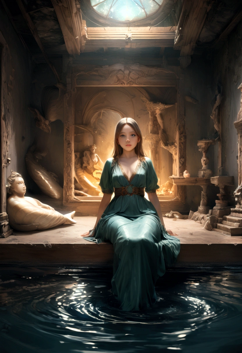 highest quality, masterpiece, Ultra-high resolution, 8k, born, (Photorealistic:1.4), Physically Based Rendering, Depth of written boundary, Looking at the audience, thin, (Sitting:1.1), In the bedroom, Beautiful face in every detail, 1 girl, cute, young, deep sea、Undersea ruins、mermaid、In the water、Mermaid