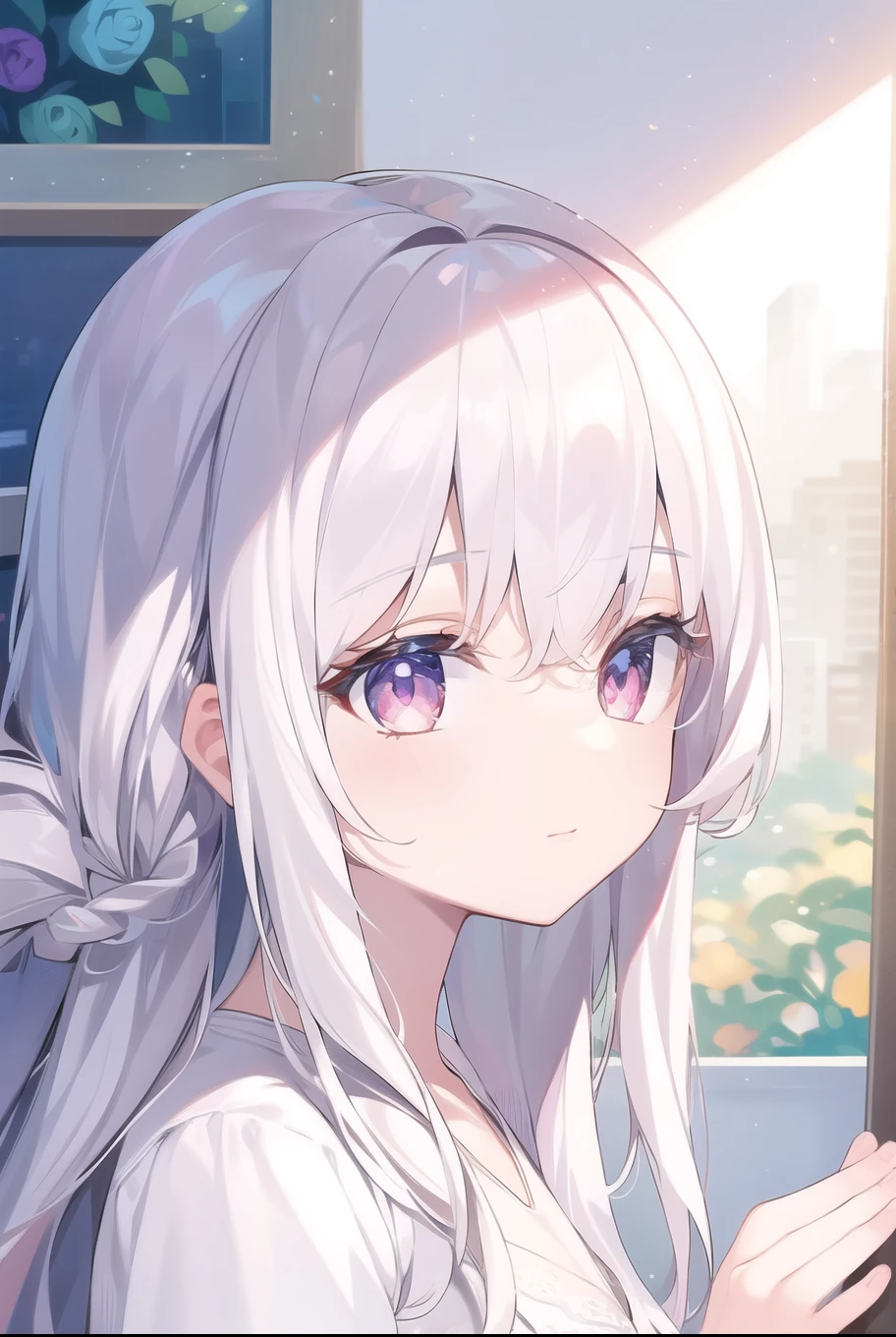 ((masterpiece, best quality))++, Detailed lighting+,  Detailed hair+, Detail hand+ ,1 girl, Miss, Long hair,   Crimson eyes,  beautiful eyes, young white hair,,(Beautiful white hair:1.5),(Beautiful and delicate eyes),  high resolution+,glass tint, Reflective eyes,   {{angle}} , Very detailed wallpaper, The original, ,Sea of Flowers，Air bangs，city road，Double ponytails，Extremely beautiful CG，Girls shopping，Headband，Gray eyelashes