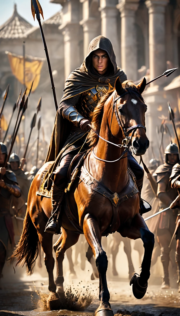 As the sun began to set, The warm golden color of the sun shone on his clothes, Alexander mounted on a majestic steed, leading his army into the fray, his cloak billowing behind him as he charges towards the enemy lines amidst a flurry of arrows and spears. crowded environment, battle field. no distortion, no extra limb, perfect face, background dark, hyper realistic, ultra detailed hyper realistic, photorealistic, Studio Lighting, reflections, dynamic pose, Cinematic, Color Grading, Photography, Shot on 50mm lens, Ultra-Wide Angle, Depth of Field, hyper-detailed, beautifully color, 8k, golden light from the front,