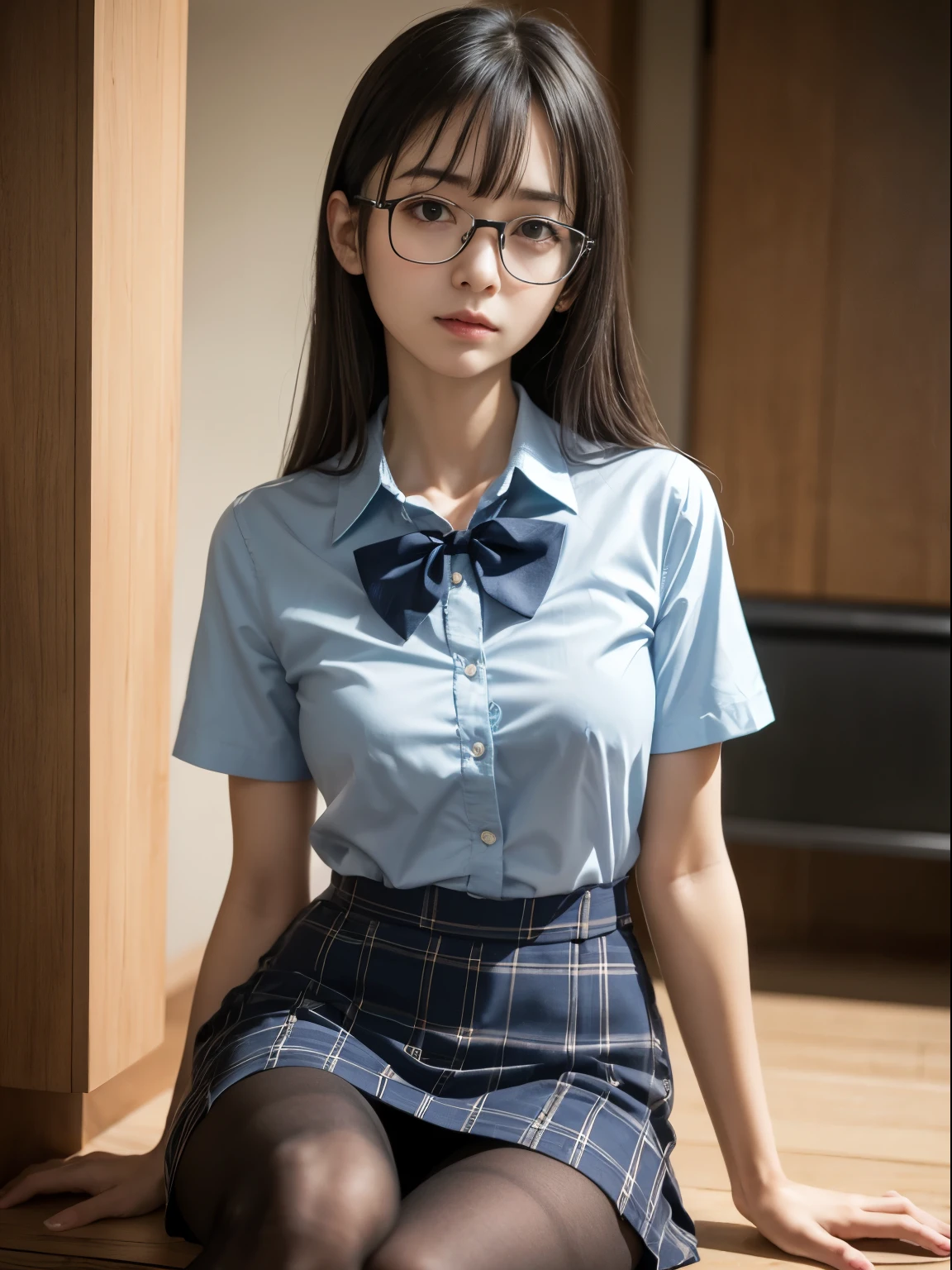 (8K、生photograph、Highest quality、masterpiece:1.2),(Small breasts)、(Small breasts)、(Small breasts)、Looking straight ahead、pupil,Light blue bra,De Pere Blanca,Kune,(Black Pantyhose),Disorganized,Small face,Flat Chest,Parting the bangs from the middle,The forehead is visible,(Cold look<Business,Glare,strong,Are thin,Sobbing,irascible)、masterpiece,Highest quality,Ultra-high resolution,生photograph,even,Beautiful poop,one person, solo,Glasses,,Dark look、丸Glasses、cute、JK、high school girl、Japanese women、Are standing、(PhotoReactive:1.37)、Photon Mapping、Light blue ribbon、Real、cute小さな顔、Brown eyes、Black socks、(Red bow tie)、Radio City、Physically Based Rendering、prospect、Depth of written boundary、Blurred Background、photograph、girl、body、Beautiful feet、Long legs、Thin legs、(I can see the bangs)、hair、lips、Blue_The目、Soft nose、(Light blue shirt)、Navy and blue checkered pleated skirt、I can see your knees、See-through clothing、Thighs、Black cotton socks、Nogizaka Idol、、Japanese Ido