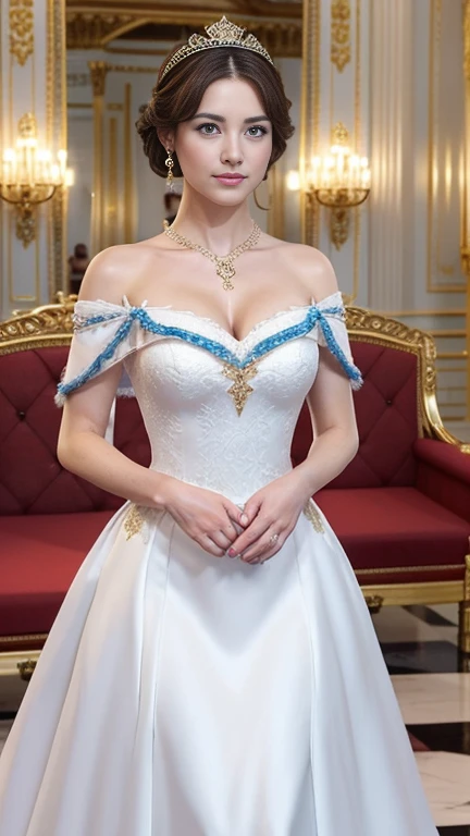 looking at viewer, Japanese beautiful female,  very cute girl, Age: 20 age-old,  brown hair , chignon , fringe, blue eye, little smile, (middle cup breasts, slender whist, middle hip ,beautiful pussy, beautiful anal, public hair),(Royal Navy color Princess dress, evening  long dress),(White satin gown and fur lined cape for ladies, Royal Victorian Era Queen:1.3), HI heals, gold ring earring, gold neckless, bracelet,  tiara , standing on floor, evening dinner Party  , night, UHD, accurate, anatomically correct, textured skin, super detail, high details, high quality, best quality,  Crew neck dress, Dress with shoulder decoration,  Red Cape,  red munt,  White elbow lace glove