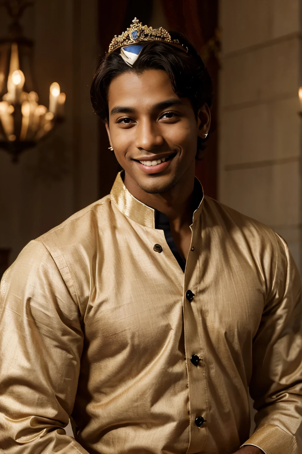 A handsome brown skin prince aged 28, wears a royal kingdom clothes, smiling, wear a small prince's crown, he looks young