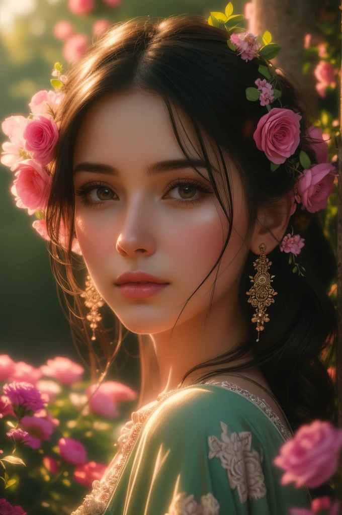 a beautiful girl in a magical garden, 1girl, detailed face, beautiful detailed eyes, beautiful detailed lips, delicate facial features, long eyelashes, dreamlike, elegant dress, vibrant flowers, lush greenery, intricate details, (best quality,4k,8k,highres,masterpiece:1.2),ultra-detailed,(realistic,photorealistic,photo-realistic:1.37),cinematic lighting,warm color palette,ethereal,fantasy art