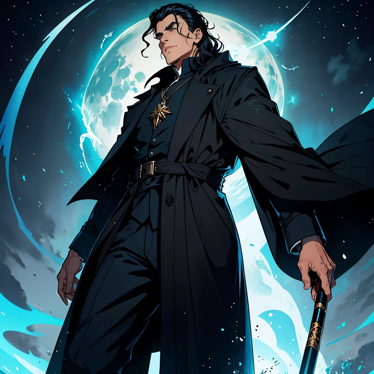 ((neocruz)) El mayordomo es un anciano de pelo negro.，He wears a large black trench coat with a black wizard&#39;s robe-style pattern..。They are completely two extremes with a rigid face.。tema oscuro， optical， imaginario。