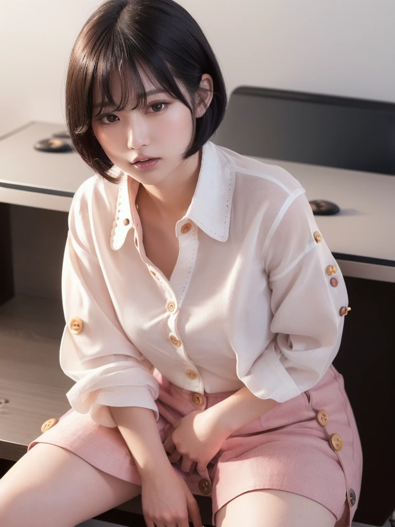 (8k, Photorealistic, Raw photo, Highest quality: 1.4),Japanese idol-style beautiful girl,1 person,,Hairstyle(Short Bob,Black :1.4),She has her hair tucked behind her ears,Large, clear grey eyes,Long eyelashes,Plump Cheeks,Thin and delicate shoulders,(bra(Pink)Wearing),thin abdomen,(She is wearing a plain white short-sleeved blouse(All the buttons on the front are undone and open :2.1,The hem is protruding :2.1)),(Pleated skirt(Plaid)Wearing),School classroom,(Sitting on a desk with knees bent and legs wide apart :2.0)),(View from below),Full body portrait